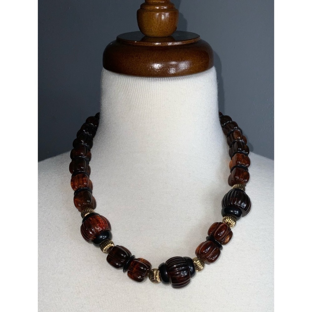 Avon Vintage Brown Lucite & Gold Chunky Bead 20” Necklace & Gold 1.5” Earrings - Picture 2 of 8